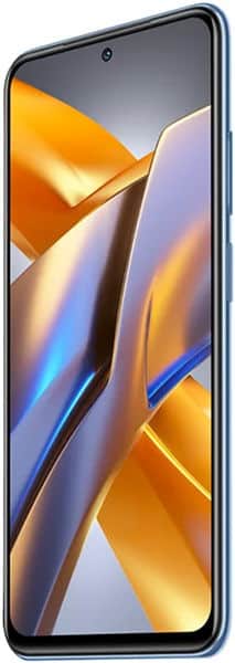 Xiaomi Poco M5s front view showing display with abstract geometric wallpaper in blue, orange, and gold tones