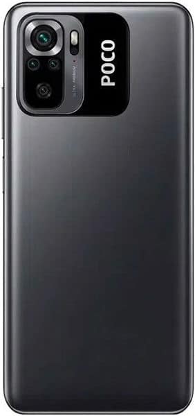 Xiaomi Poco M5s rear view, showing dark gray body with dual camera setup and white Poco branding on back