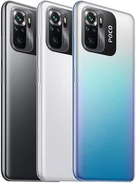 Xiaomi Poco M5s rear view in three color variants: black, white, and blue gradient, showing camera module and "POCO" branding
