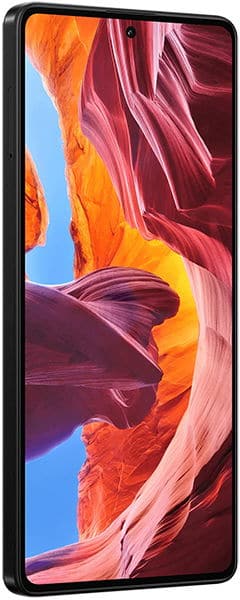Xiaomi Poco M6 Pro front angled view, large display on with colorful canyon image, slim black bezel clearly visible.
