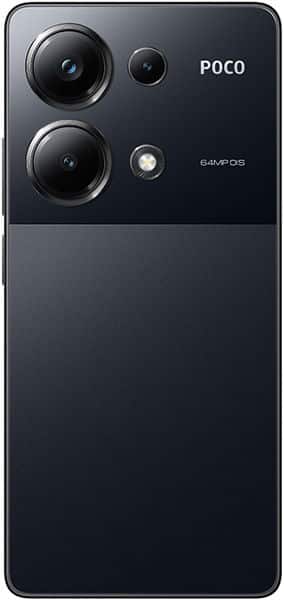 Rear view of black Xiaomi Poco M6 Pro showing triple cameras, LED flash, and "64MP OIS" text in the upper right corner.