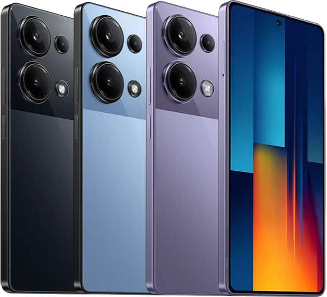 Xiaomi Poco M6 Pro shown rear view in black, blue, and purple with round cameras; front view displays abstract wallpaper.