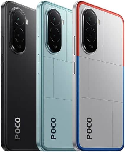 Xiaomi Poco M7 4G rear view, three color variants: black, light blue, and white with red and blue accents