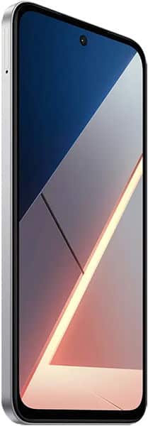 Xiaomi Poco M7 4G front view with display showing geometric gradient design in blue, pink, and gold tones