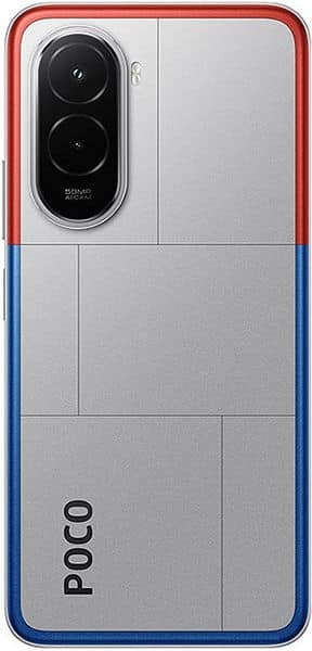 Xiaomi Poco M7 4G rear view, silver back with red and blue frame accents and dual camera module