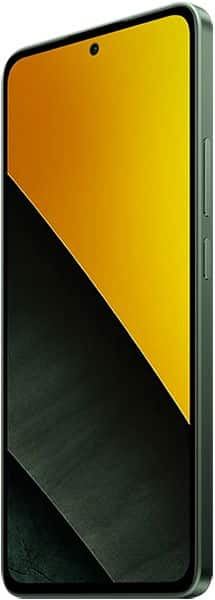 Xiaomi Poco M7 Pro angled front-right view, dark green frame, yellow-black abstract display, power and volume buttons visible.