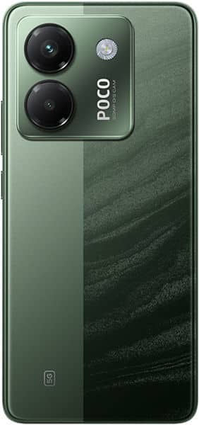 Rear view of green Xiaomi Poco M7 Pro showing two large cameras, flash in rectangular module, glossy and matte textured finish.