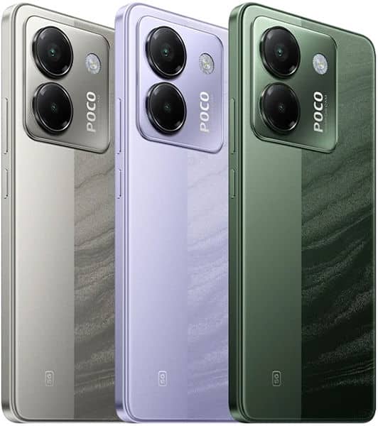 Rear view of three Xiaomi Poco M7 Pro phones in silver, light purple, and green with dual cameras and flash in the top left.