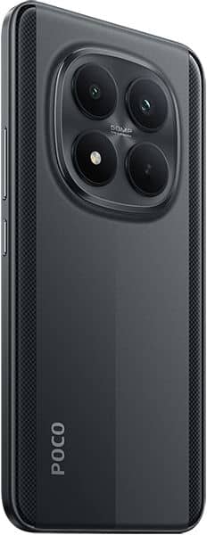 Xiaomi Poco M8 Pro rear view, showing quad camera setup and textured side panel on dark gray body