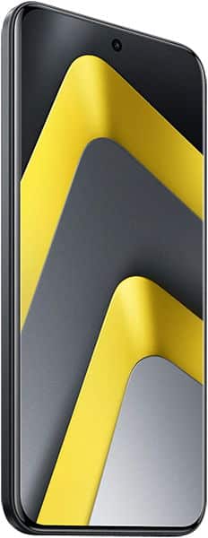 Xiaomi Poco M8 Pro front view, black phone displaying yellow and gray geometric design on screen