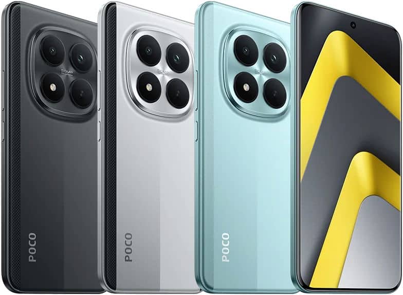 Xiaomi Poco M8 Pro rear views in black, white, light blue, and black with yellow accent stripe showing quad camera setup