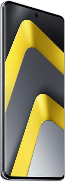 Xiaomi Poco M8 front view, displaying screen with yellow and black geometric pattern design