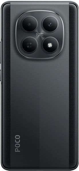 Xiaomi Poco M8 rear view showing quad camera setup with large circular lens module and textured black frame