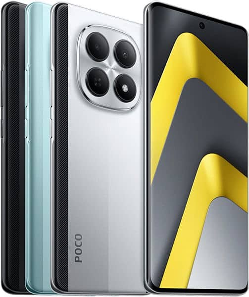 Xiaomi Poco M8 smartphones displayed in multiple color variants (black, light blue, white) shown from rear and front angles, featuring quad camera setup and yellow-accented display design