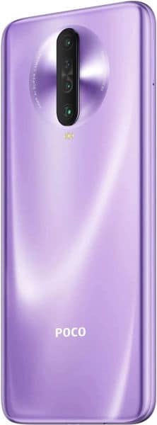Xiaomi Poco X2 rear view, purple finish with quad camera setup and glossy gradient design