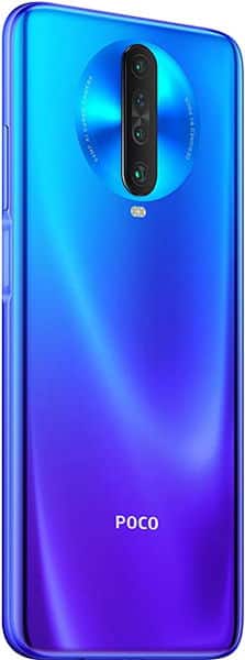 Xiaomi Poco X2 rear view, blue gradient finish with vertical triple-lens camera module and LED flash