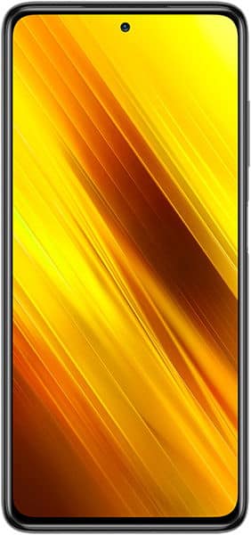 Front view of Xiaomi Poco X3 NFC showing thin bezels, centered punch-hole camera, and golden-yellow abstract wallpaper.