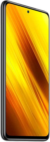 Xiaomi Poco X3 NFC viewed from the front at an angle, black frame, screen on with yellow-orange abstract design, centered camera.