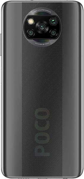 Rear view of black Xiaomi Poco X3 NFC showing circular quad-camera module, top-center flash, and vertical POCO branding at bottom.