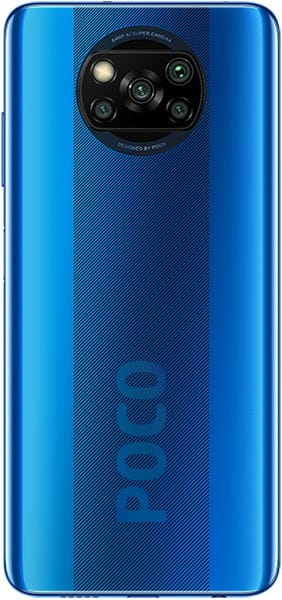Rear view of blue Xiaomi Poco X3 NFC showing vertical "POCO" logo, quad-lens camera, LED flash, and diagonal striped pattern.