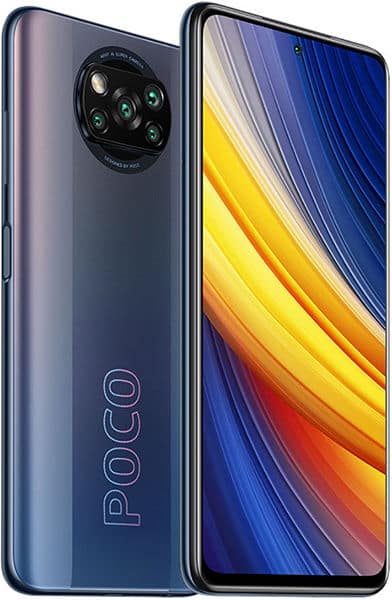 Xiaomi Poco X3 Pro front and rear view, showing dark blue body with circular quad camera array and colorful display with blue, yellow, and red gradient wallpaper