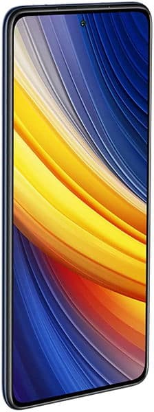 Xiaomi Poco X3 Pro front view with colorful curved lines wallpaper on display screen