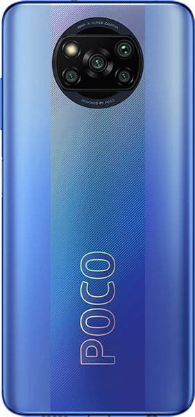 Xiaomi Poco X3 Pro rear view showing blue gradient back with circular camera module and "POCO" branding