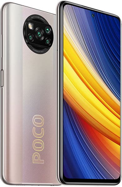 Xiaomi Poco X3 Pro rear view, white finish with circular camera module and "POCO" branding, screen displaying colorful gradient