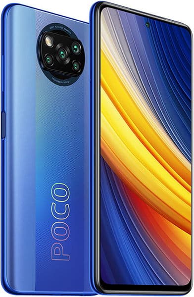 Xiaomi Poco X3 Pro rear and front view, showing blue gradient back with circular camera module and "POCO" branding, colorful display screen