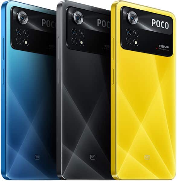 Xiaomi Poco X4 Pro rear view in three color variants: blue, black, and yellow, each showing camera module and POCO branding