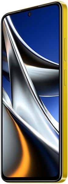 Xiaomi Poco X4 Pro front view with display on, showing blue and gold abstract design on screen with yellow frame edge