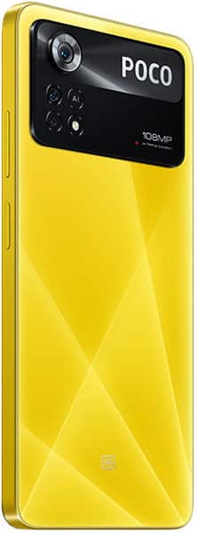 Xiaomi Poco X4 Pro rear view, yellow phone with geometric pattern and quad camera module with AMOLED branding visible
