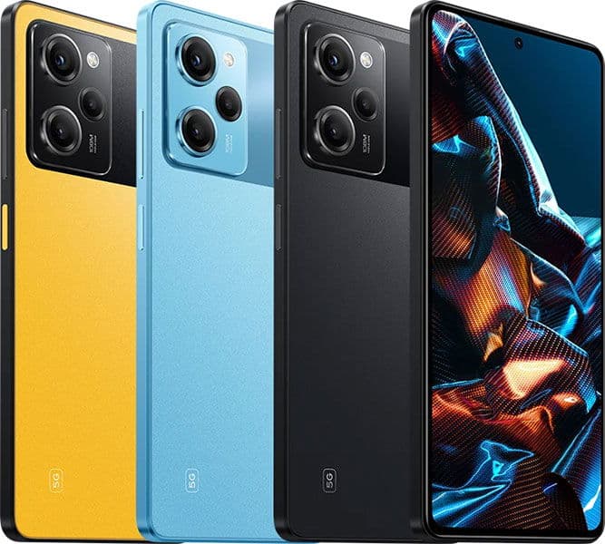 Xiaomi Poco X5 Pro rear and front views in yellow, light blue, and black color variants, showing triple camera setup and display screen