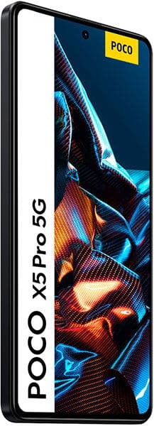 Xiaomi Poco X5 Pro front view, displaying the screen with glowing neon blue and orange graphics and yellow POCO logo