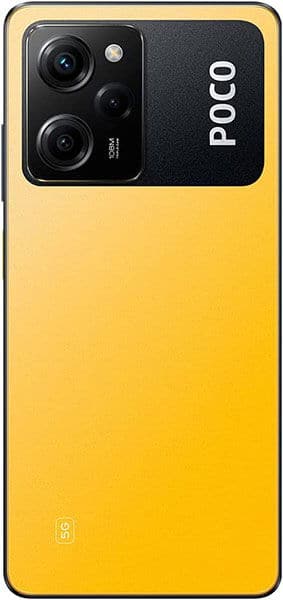 Xiaomi Poco X5 Pro rear view, yellow back with black camera module housing dual lenses