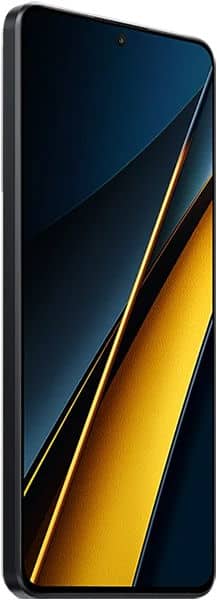Xiaomi Poco X6 Pro front view, displaying blue and yellow diagonal design on screen with waterdrop notch