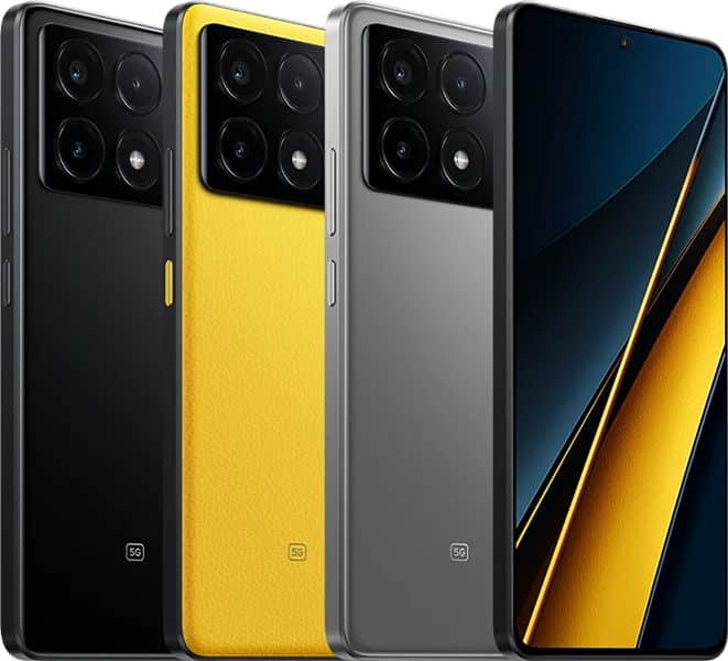 Xiaomi Poco X6 Pro rear view in black, yellow, and gray color variants, showing quad camera setup and 5G badge