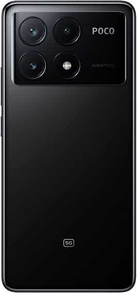 Xiaomi Poco X6 Pro rear view showing black finish with quad camera module and 5G badge