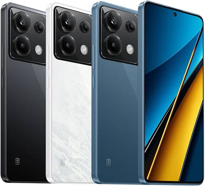 Xiaomi Poco X6 rear view in black, white, and blue finishes, and front view showing display with blue and yellow wallpaper