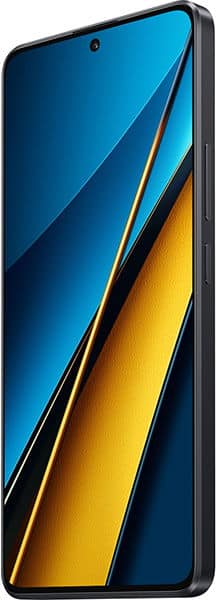 Xiaomi Poco X6 smartphone front view with blue and yellow geometric wallpaper on screen
