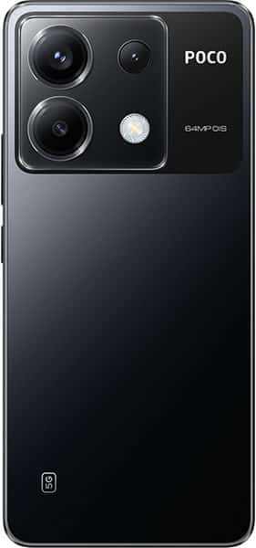 Xiaomi Poco X6 rear view, black phone with triple camera setup and LED flash on upper left