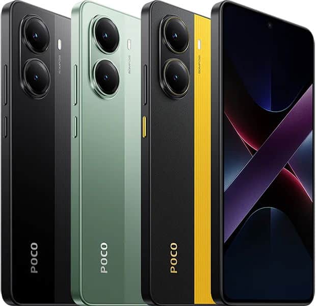 Xiaomi Poco X7 Pro rear views in black, mint green, and black with yellow accent, showing dual cameras and display screen