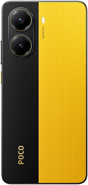 Xiaomi Poco X7 Pro rear view, yellow and black design with dual camera setup and POCO branding
