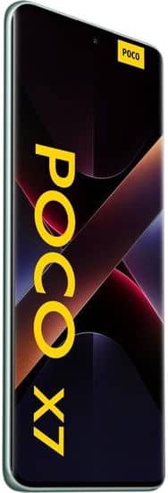 Front view of Xiaomi Poco X7 showing "POCO X7" on display, thin bezels, and centered front-facing camera at the top.