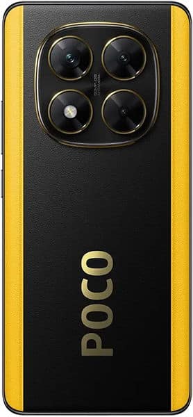 Rear view of Xiaomi Poco X7 showing black and yellow back, "POCO" branding, and square triple-lens camera with LED flash.