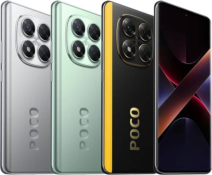 POCO smartphones, incl. Xiaomi Poco X7, shown side by side: rear views in silver, green, black/yellow; front view with dark screen.