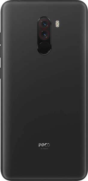 Rear view of black Xiaomi Pocophone F1 with dual cameras, LED flash, fingerprint sensor, and logo at the bottom.