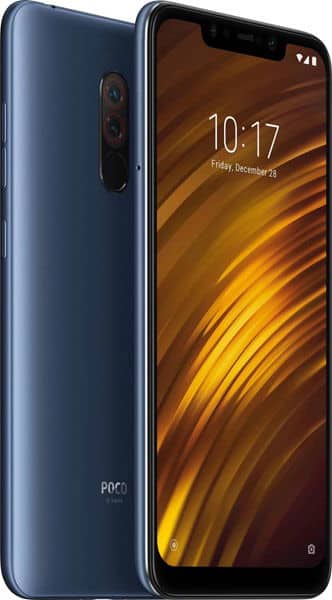 Xiaomi Pocophone F1 in dark blue shown front and back, highlighting dual rear cameras; screen displays 10:17, Dec 28, gold wallpaper.