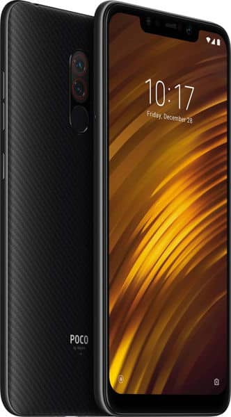 Xiaomi Pocophone F1 front and rear views; rear shows dual cameras, fingerprint sensor; front displays 10:17, Dec 28.