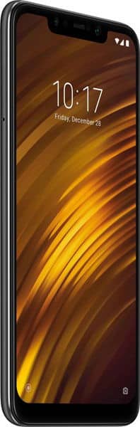 Front view of black Xiaomi Pocophone F1 with slim bezels, camera notch, and screen showing 10:17, Dec 28 with abstract wallpaper.